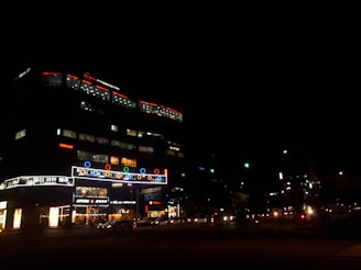 Close-up of illuminated signage glowing at night on a commercial building.