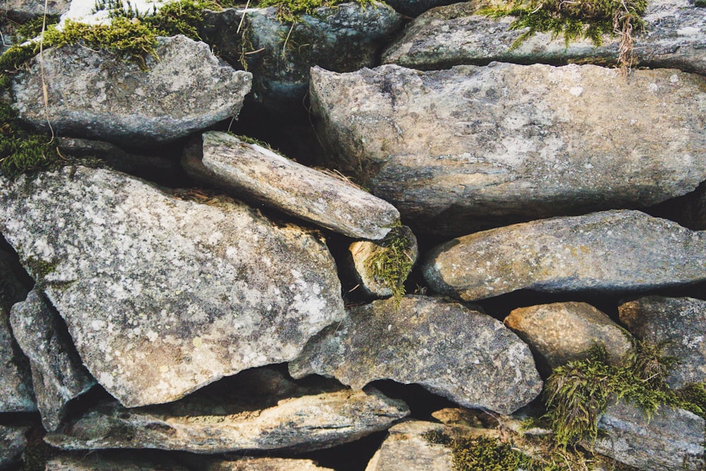 piled grey stone with grasses