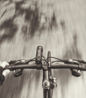 A close-up view of bicycle handlebars in motion, with blurred pavement indicating movement. The hands gripping the handlebars suggest a dynamic and active scenario, with shadows cast on the ground.