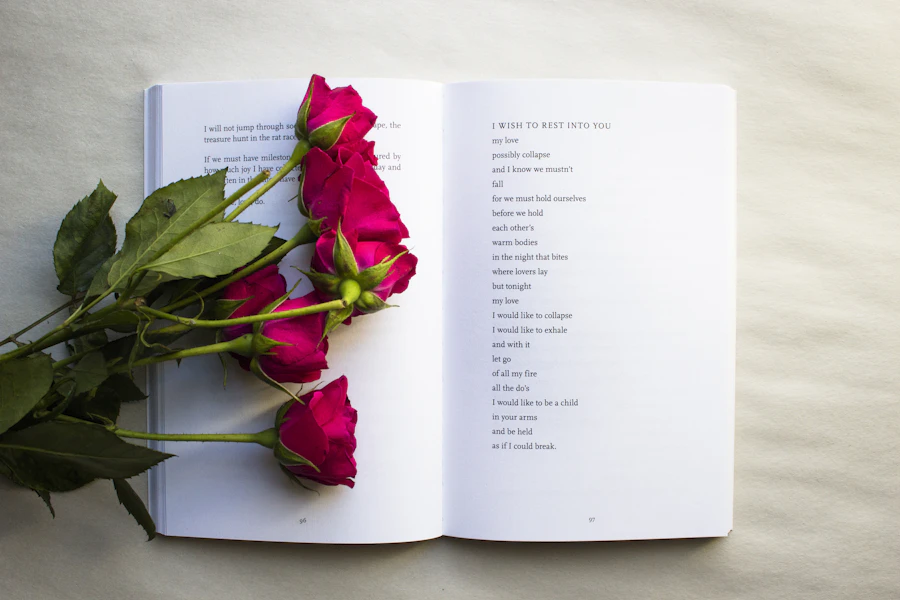 Red roses resting on an open book