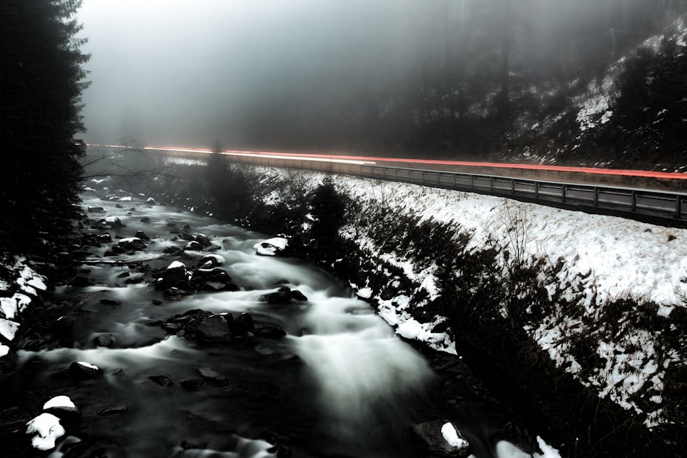 strada lungo il fiume coperta di neve e nebbie circondata da alberi