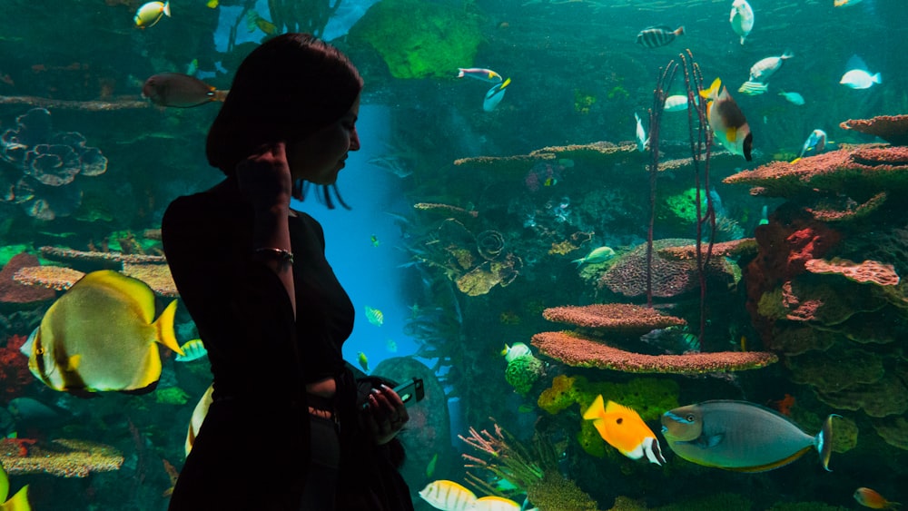 水族館のそばに立つ女性のシルエット