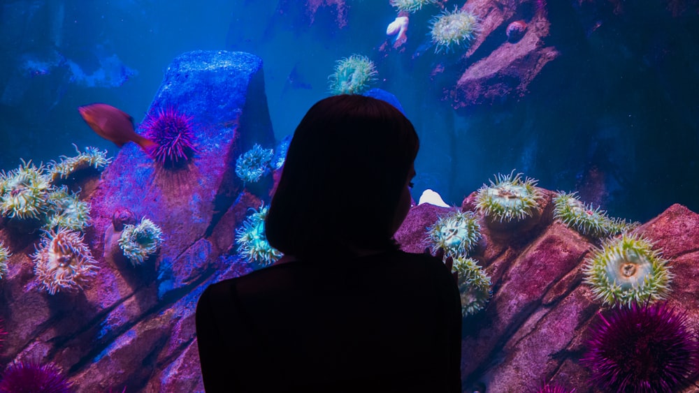 woman near aquarium shadow photography