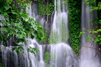 The cascading waters of Kovai Kutralam waterfall surrounded by vibrant greenery.