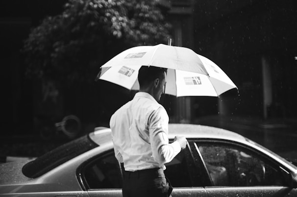 A person in a white shirt holds a large, patterned umbrella while standing next to a car during a rainy day. Raindrops can be seen falling around and the background is slightly blurred with another vehicle visible.