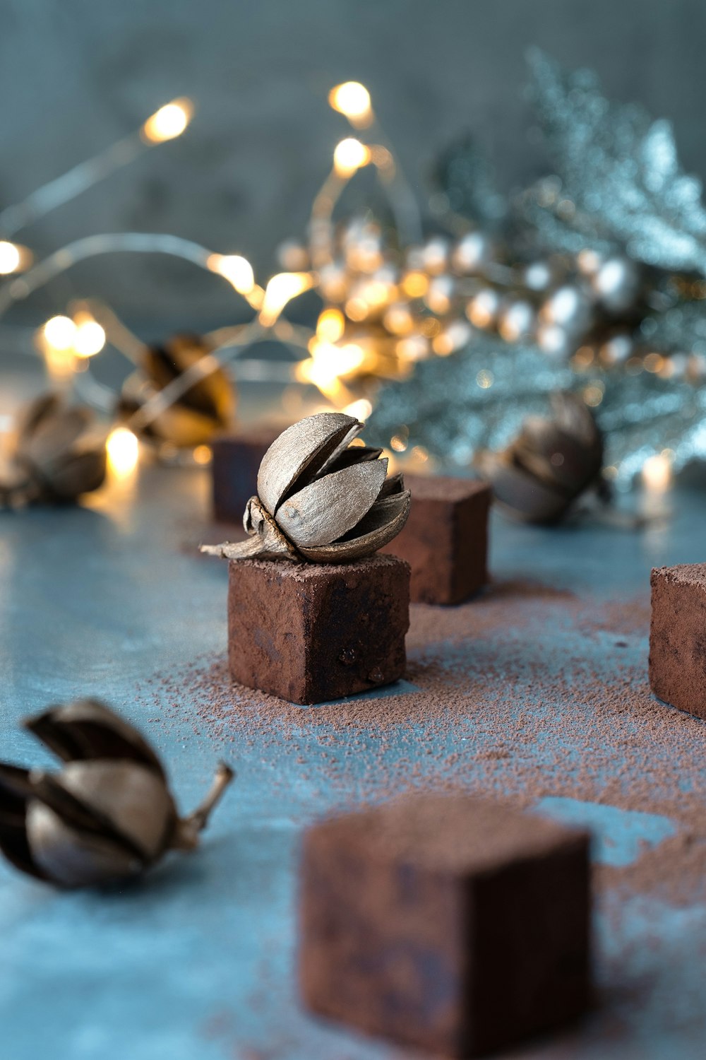 Selektives Fokusfoto des grauen Nussornaments