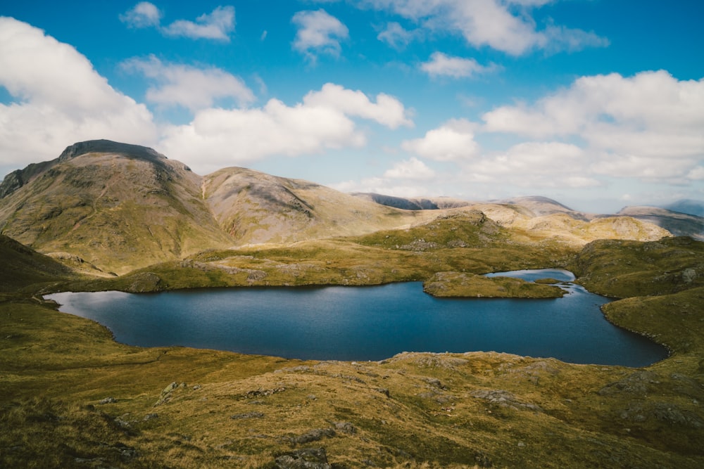 Fotografía de hito del lago al lado de la montaña bajo cielos nublados blancos y azules