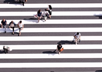 aerial view photography of group of people walking on gray and white pedestrian lane