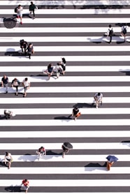 aerial view photography of group of people walking on gray and white pedestrian lane