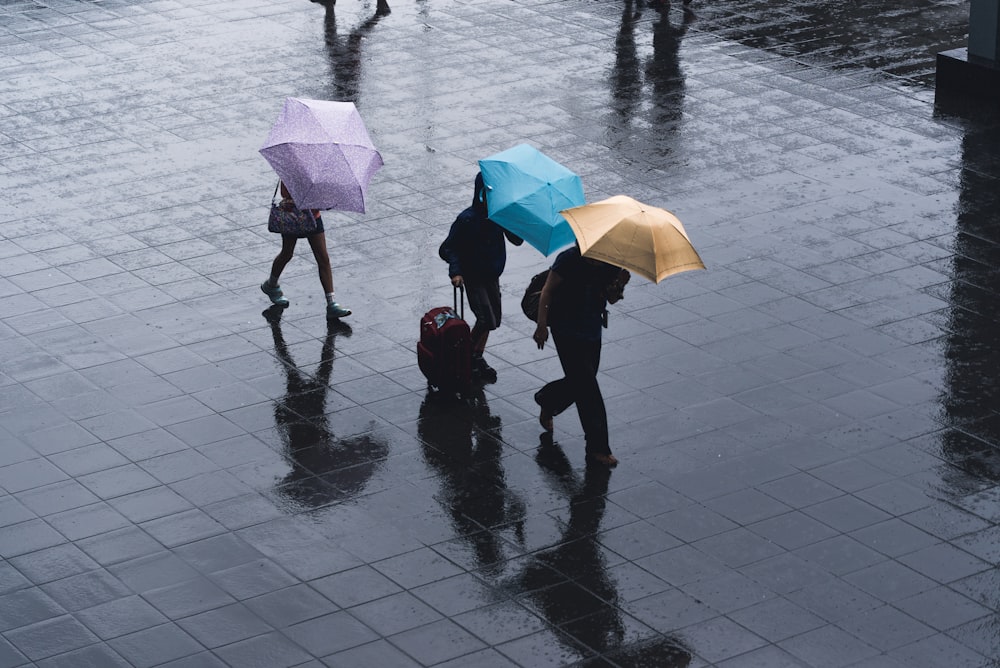 Fotografía selectiva en color de tres personas sosteniendo paraguas bajo la lluvia
