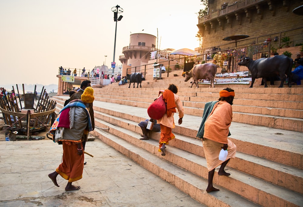 person holding white plastic bottles walking on gray concrete stairs