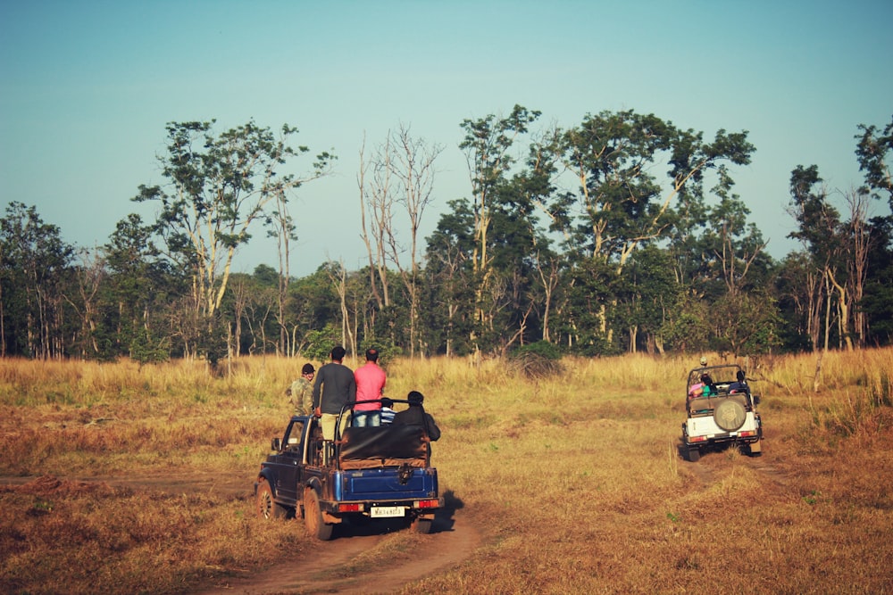 people riding on two white and blue SUV's near trees at daytime