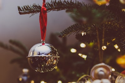 bokeh photo of gray bauble sleigh bells zoom background