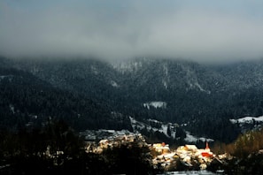 A quaint village nestled at the foot of dark, forested hills, partially covered by snow, with heavy, low-lying clouds above. The village features a small cluster of buildings with red and brown rooftops that contrast with the white snow and dark trees. Warm sunlight illuminates parts of the village, adding a touch of brightness.