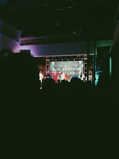 A stage with bright lighting featuring a group of performers in colorful costumes. The backdrop appears to be a screen, and there are shadows of an audience in the foreground.