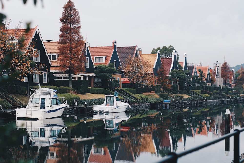 two white boats on river near brown houses at daytime