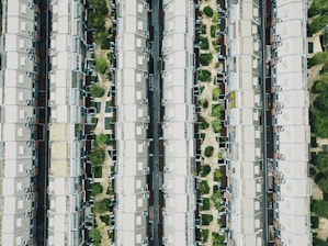 Aerial view of several rows of uniform white buildings with pitched roofs, separated by tree-lined walkways. These structures are arranged in a parallel and linear pattern. Greenery is interspersed among the paths, providing contrast to the structured architecture.