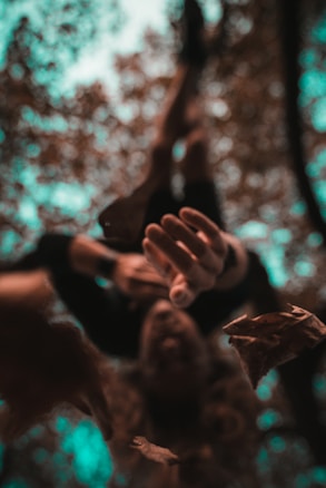 A blurred, artistic photograph capturing a person falling or floating among autumn leaves. The focus is primarily on an extended hand reaching towards the camera with leaves in mid-air, creating a sense of motion and depth. The background shows a canopy of trees with light filtering through.