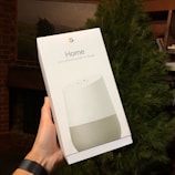 A hand is holding a boxed product labeled 'Home' with the Google logo, indicating it's a voice-activated speaker by Google. The background includes a partially visible tree and a room setting with a fireplace.