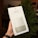 A hand is holding a boxed product labeled 'Home' with the Google logo, indicating it's a voice-activated speaker by Google. The background includes a partially visible tree and a room setting with a fireplace.