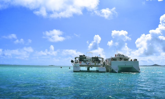 A catamaran is anchored on a clear turquoise sea under a bright blue sky with scattered white clouds. The vessel is surrounded by calm waters, and a distant island is visible on the horizon.