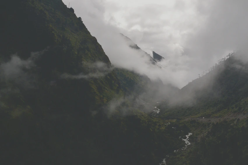 Mountain lake and mist at Sela Pass