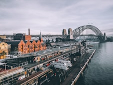 aerial photography of concrete buildings and bridge beside ocean under cloudy sky