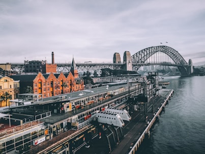 aerial photography of concrete buildings and bridge beside ocean under cloudy sky