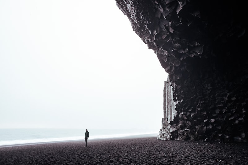 Reynisfjara black sand beach with basalt columns in Iceland