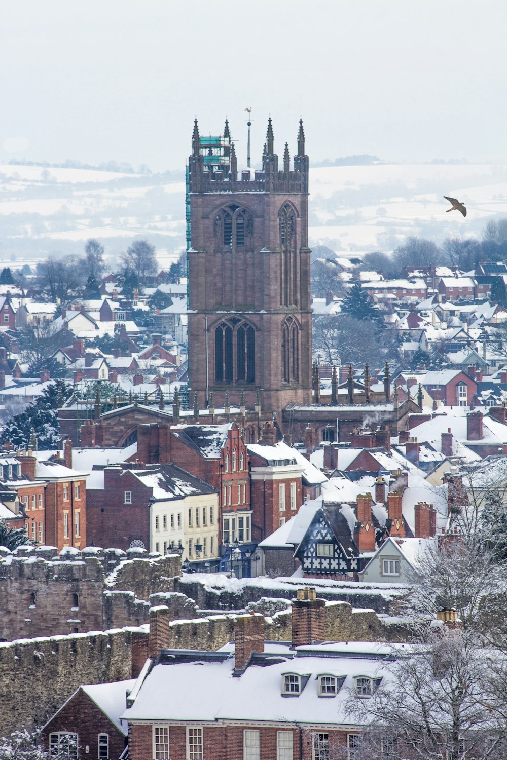 brown tower near houses at daytime