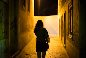 A lone figure in nocturna gear walking through a graffiti-covered alley illuminated by street lamps.