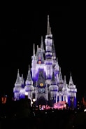 A grand, illuminated castle adorned with lights, giving it a magical and enchanting appearance against a night sky. Crowds of people can be seen in front of the castle, and characters in colorful costumes are performing on a stage near the entrance.