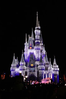 A grand, illuminated castle adorned with lights, giving it a magical and enchanting appearance against a night sky. Crowds of people can be seen in front of the castle, and characters in colorful costumes are performing on a stage near the entrance.