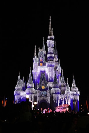 A grand, illuminated castle adorned with lights, giving it a magical and enchanting appearance against a night sky. Crowds of people can be seen in front of the castle, and characters in colorful costumes are performing on a stage near the entrance.