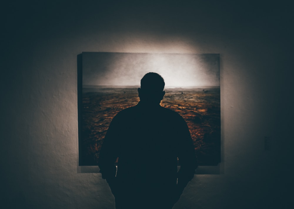 silhouette of man standing in front of painting hanged on wall