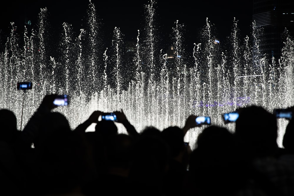 people taking picture of fountain during nighttime