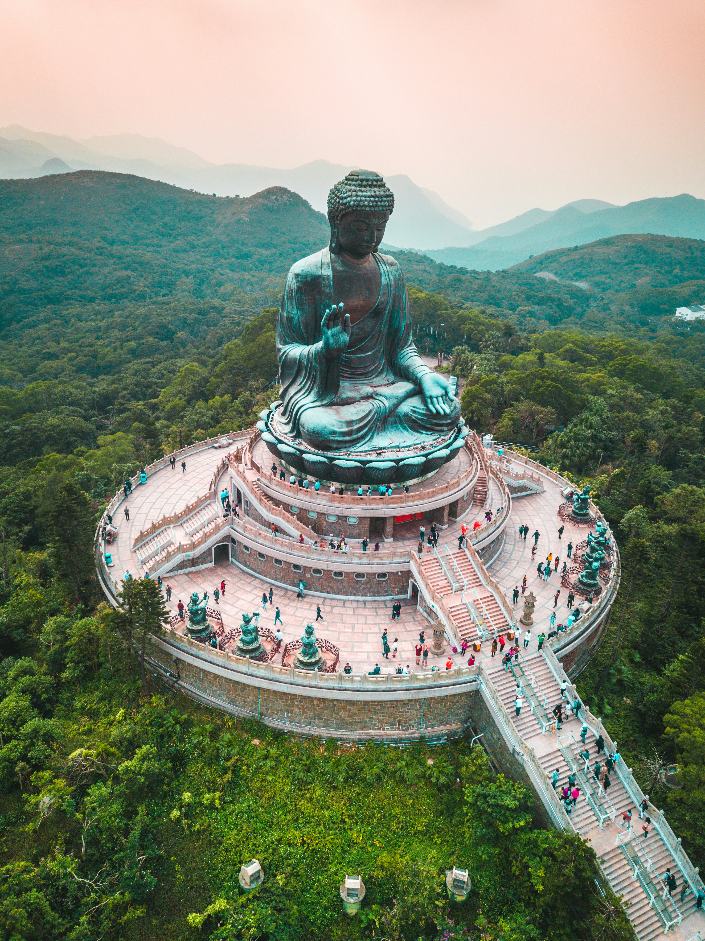 great photo recipe,how to photograph big buddha; aerial photography of people walking around bhumishparsha mudra monument