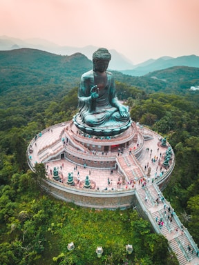 architectural photography,how to photograph big buddha; aerial photography of people walking around bhumishparsha mudra monument