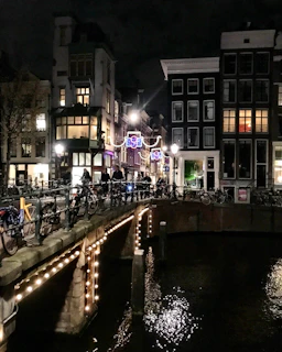 Nighttime city taxi ride through Amsterdam’s illuminated streets and bridges.