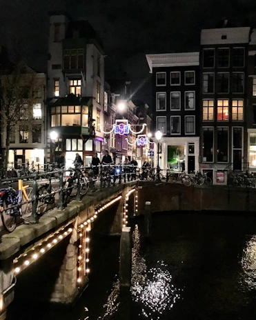 Nighttime city taxi ride through Amsterdam’s illuminated streets and bridges.