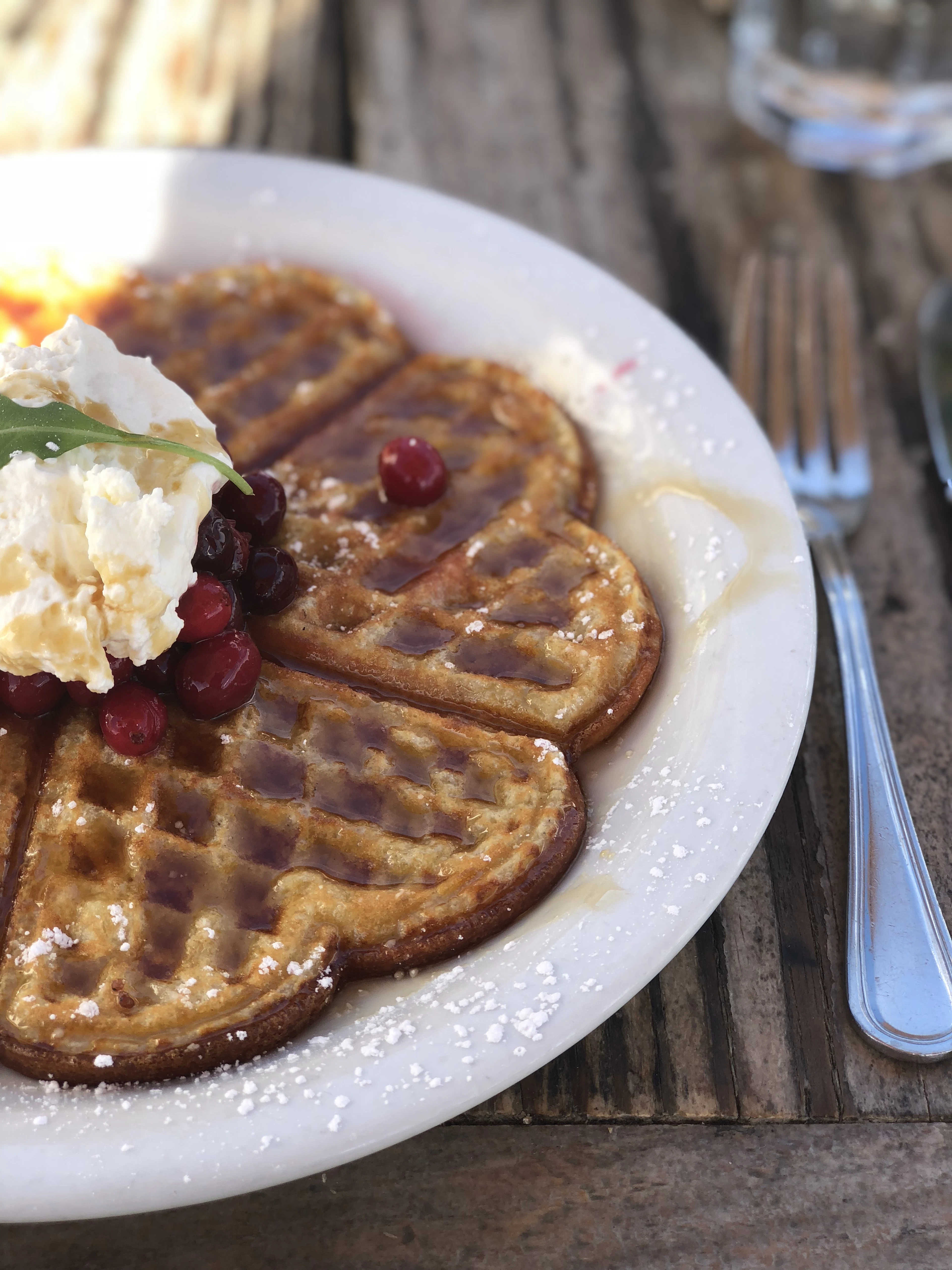 A golden Belgian waffle on a white plate topped with whipped cream, berries and a dusting of icing sugar