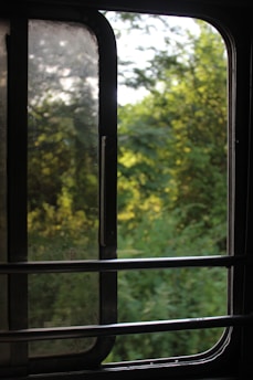 A cozy train compartment with a window view of a lush green forest in spring.