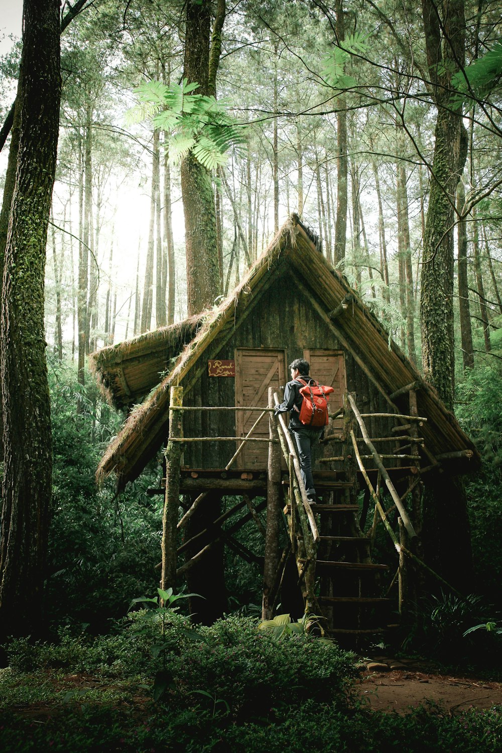 Personne se rendant à la maison de la cabane Nipa