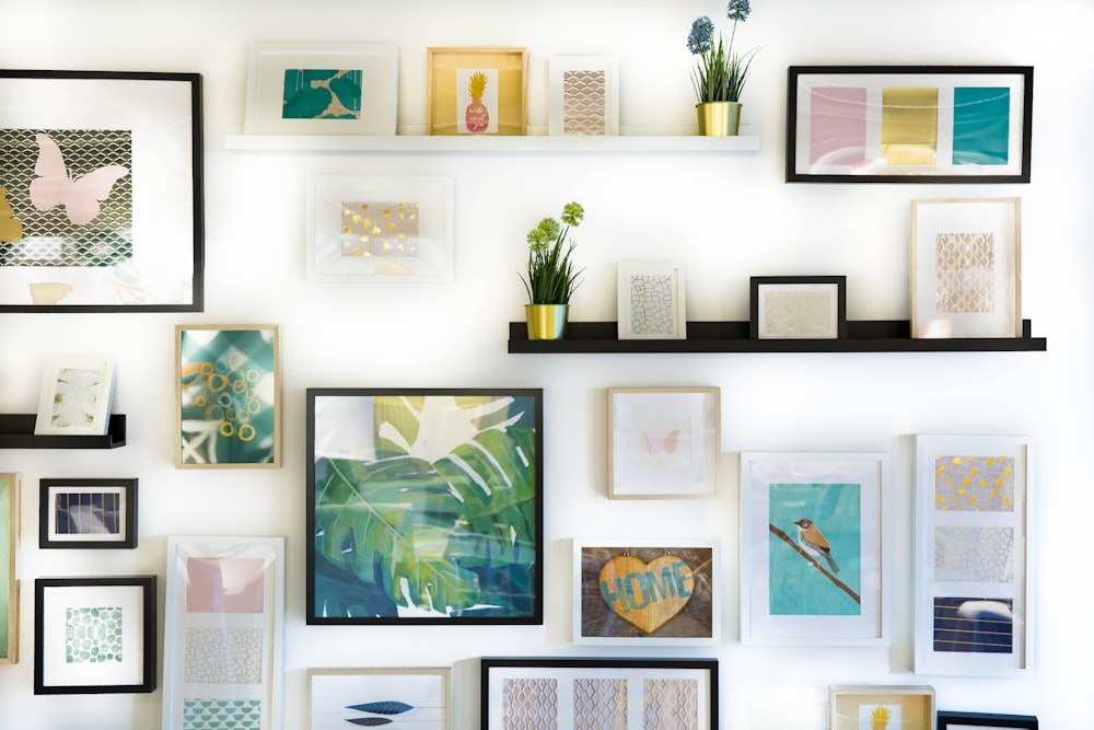 assorted-color framed paintings on the wall