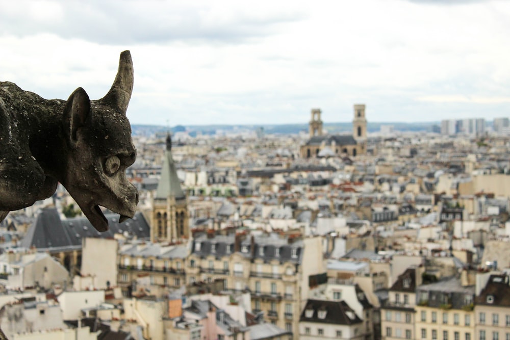 gargoyle with high angled view of town