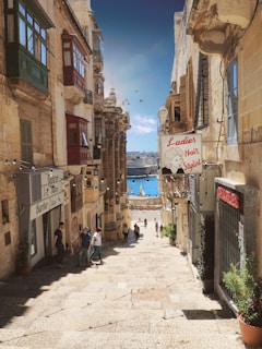 people walking on stairs between buildings in distant of mountain