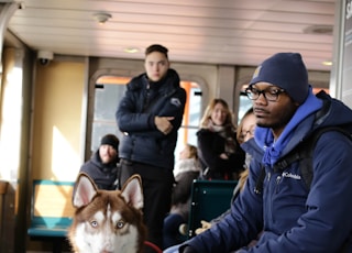 Siberian Husky beside man sitting on bench inside room