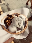 A bowl made from half a coconut contains scoops of ice cream topped with chia seeds, pieces of grass jelly, and peanuts. The bowl is held above a textured gray surface, and a white paper napkin is used as a holder.