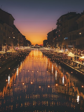 reflective photography of string lights above river