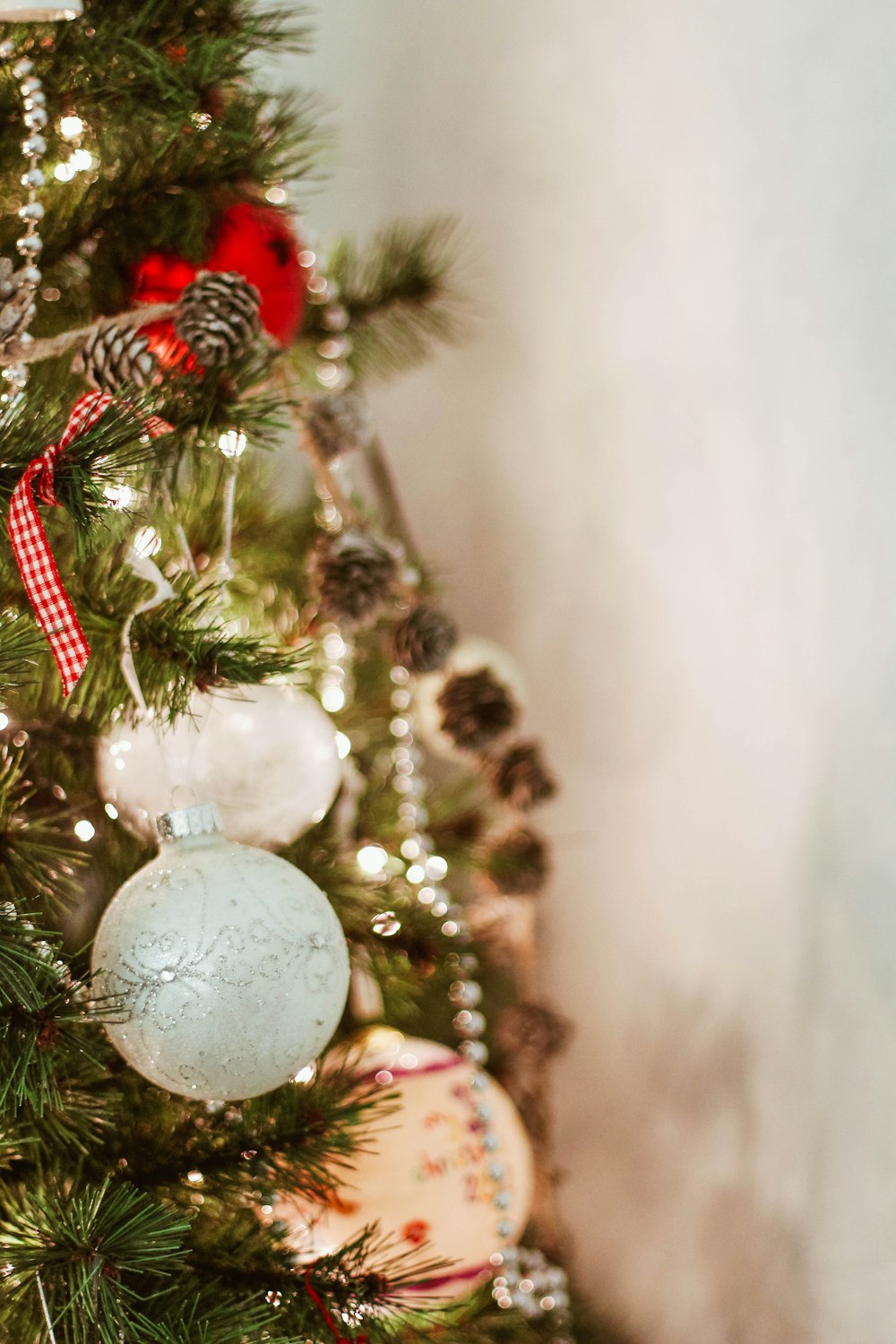 brown pinecone Christmas tree decor in macro shot